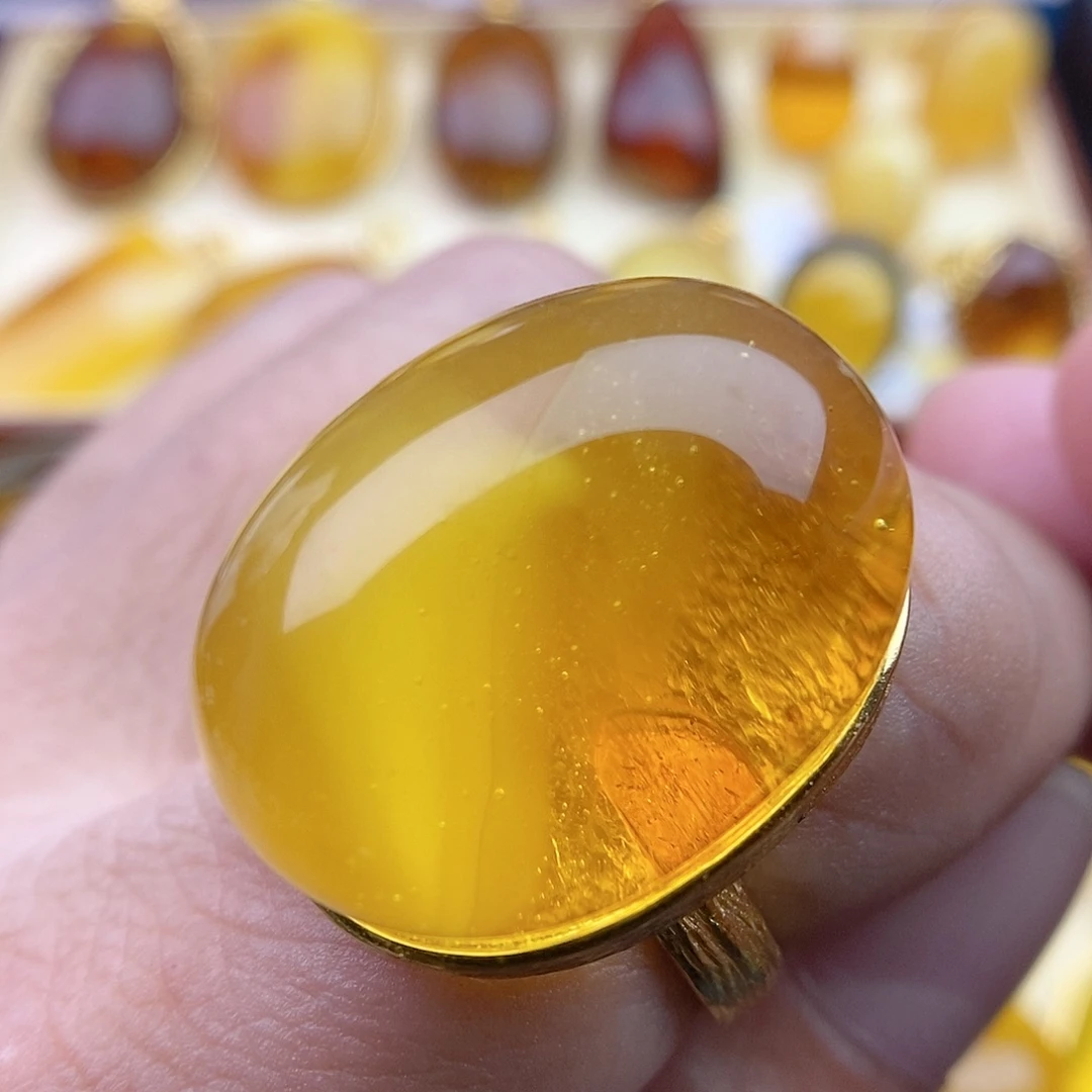 琥珀银S925镀金镶嵌戒指