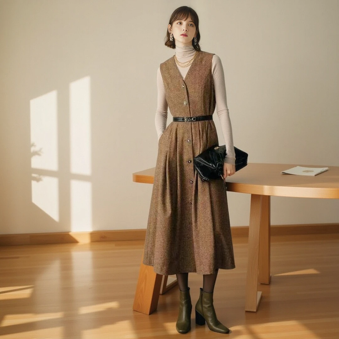 【723套装】法式复古中长款V领连衣裙气质简约背心裙