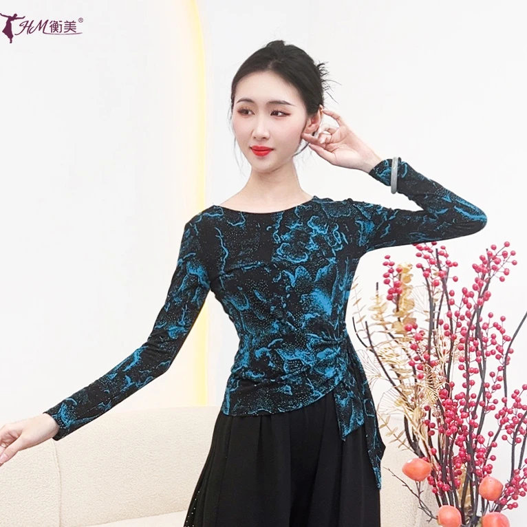 春季新款现代舞蹈练功服上衣长袖印花系带收腰显瘦国风古典舞服装