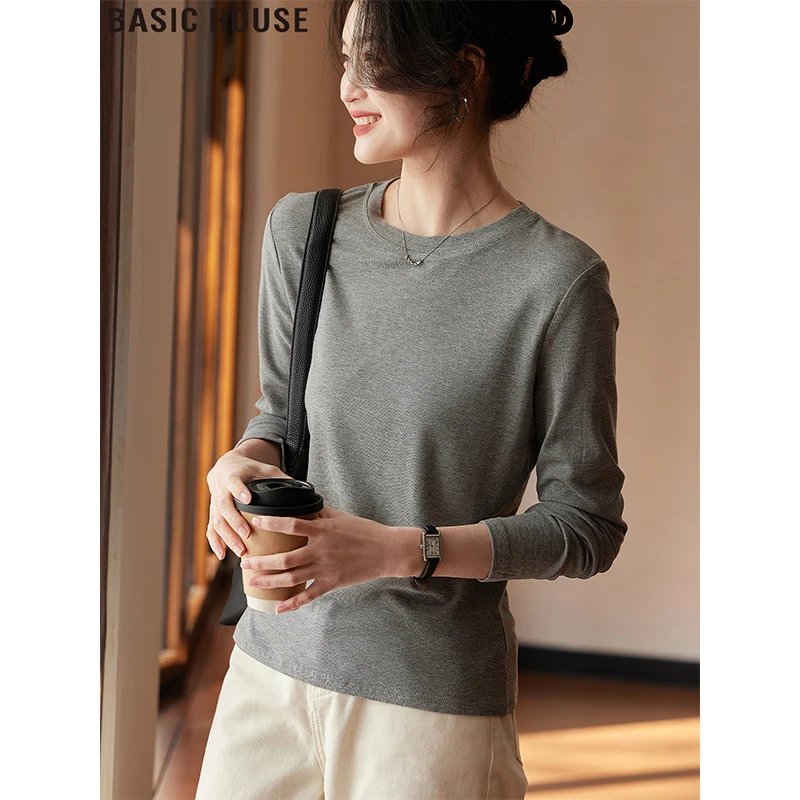 Basic House/百家好简约单品灰色内搭圆领长袖T恤女士秋冬打底衫
