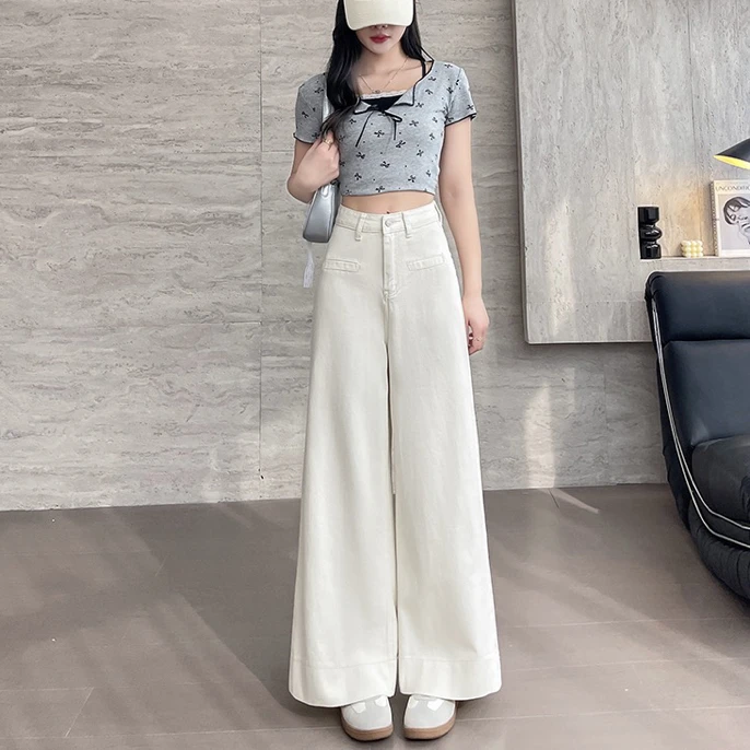 妖家#小个子杏色假口袋喇叭牛仔阔腿裤