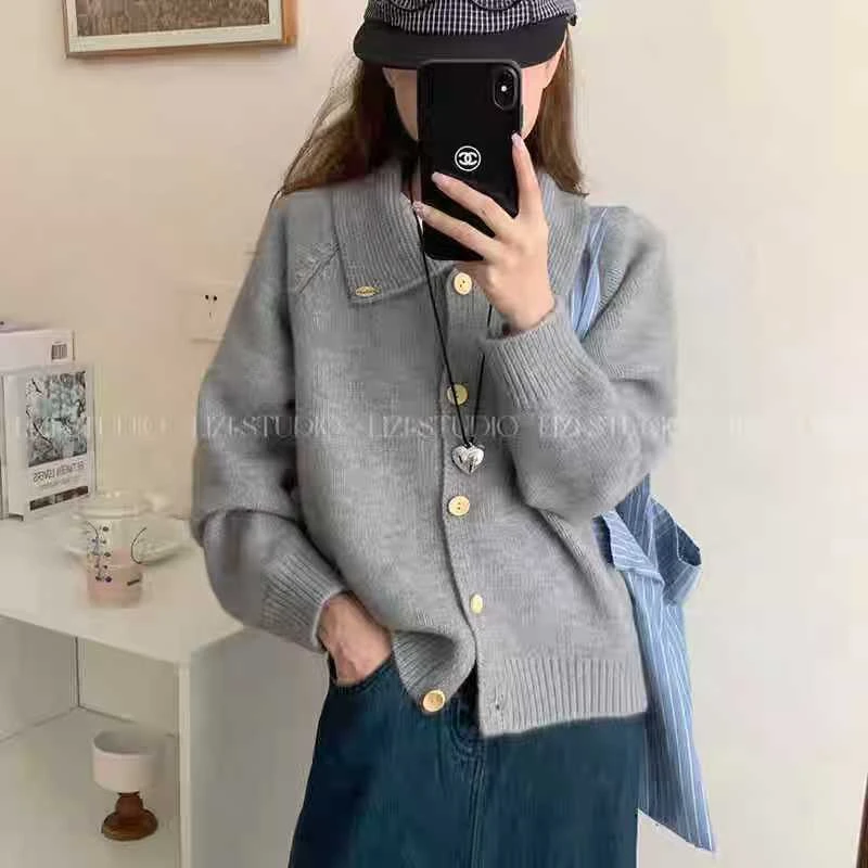 秋季常规开衫款宽松翻领毛针织衫长袖女装欧若智性风