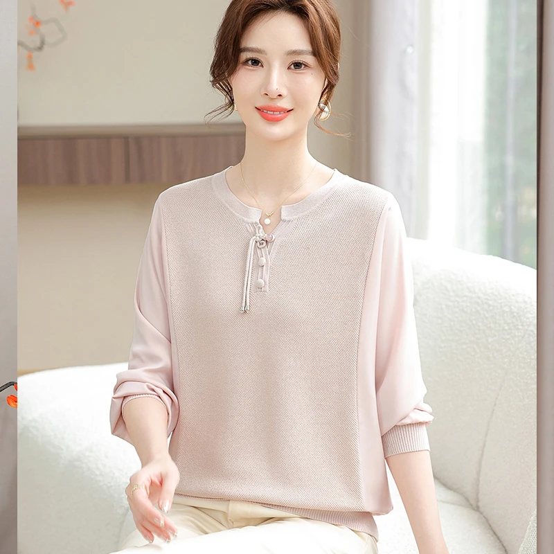 中年妈妈春装薄款纱袖针织小衫中老年女装春秋洋气上衣打底衫薄款