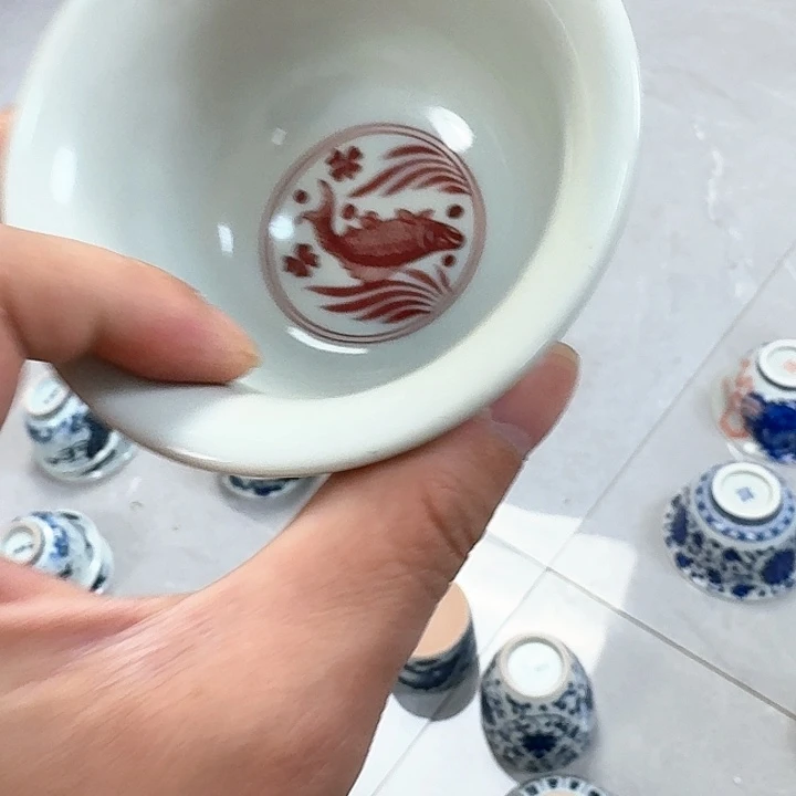 杯釉里红鱼藻大压手杯