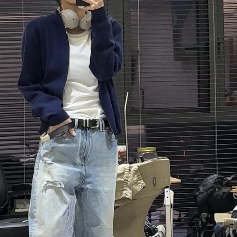 DAB藏蓝色立领双拉链针织开衫
