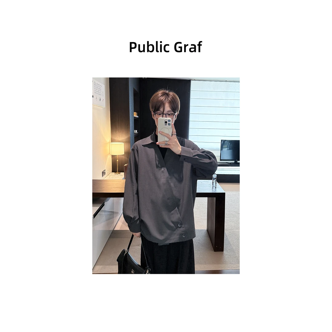 高林凡 韩版斜门襟设计感长袖衬衫简约纯色百搭翻领时尚衬衣潮