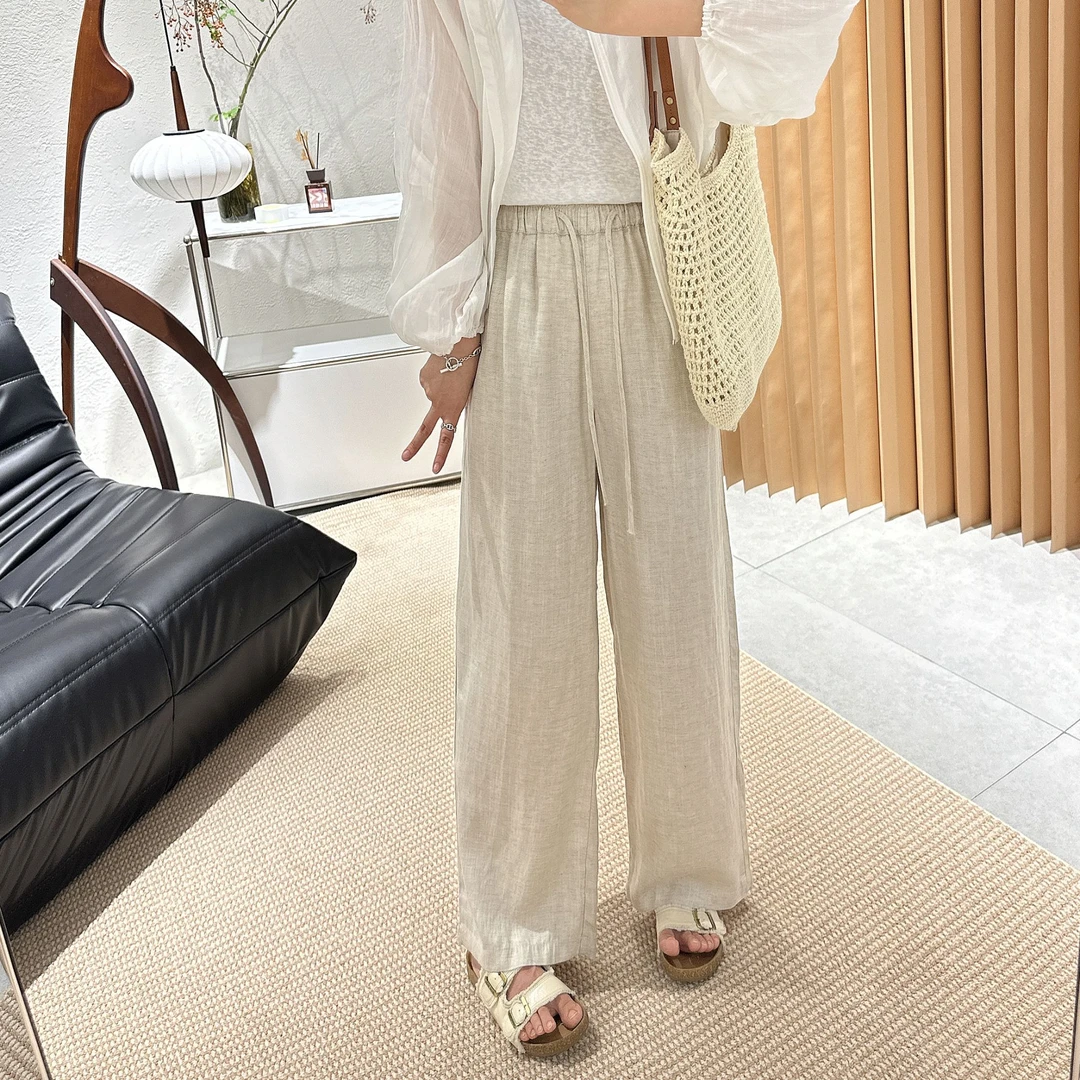 【褚培培自制】“莱赛尔亚麻裤”-静奢风-半夏松紧高腰窄腿直筒垂垂裤