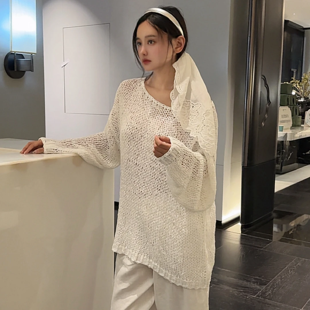 LULU BUNNY 仙女本仙 编织镂空薄款宽松时尚韩版大码中长款毛衣