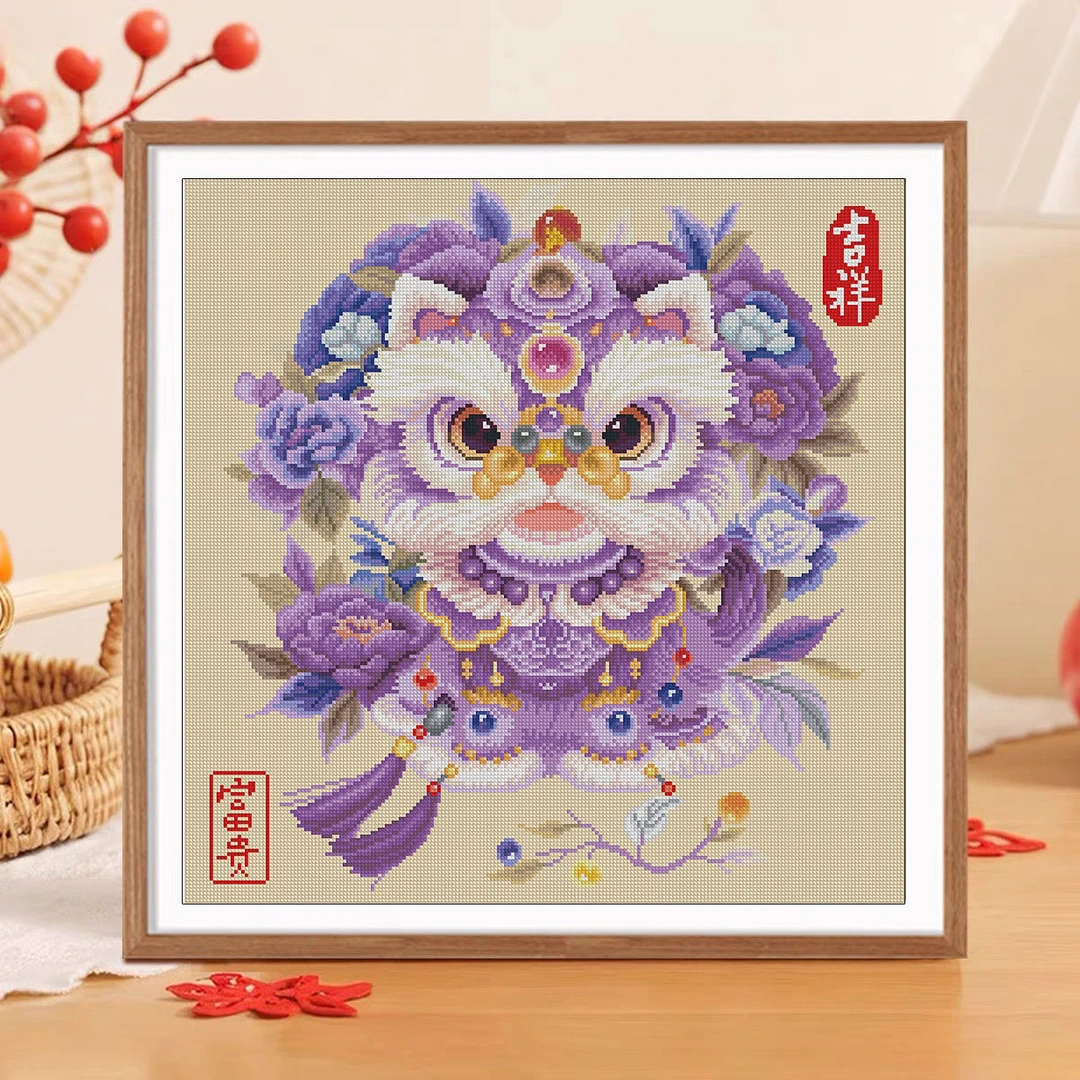 【安格古绢布】美林定制：国潮醒狮 大格非满绣70×70CM（59色）