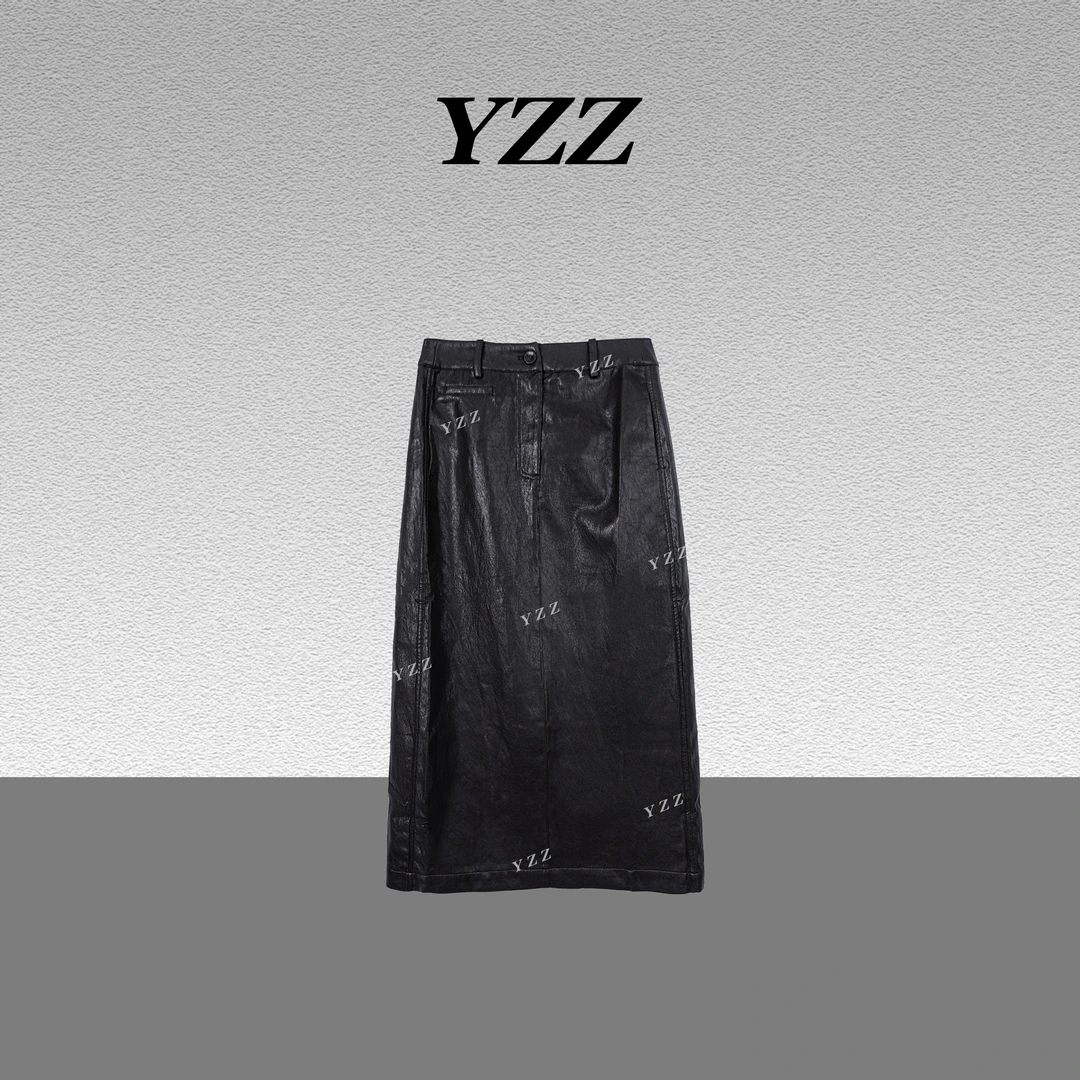 YZZ“黛雾”复古高腰做旧奢华简约率性中长皮裙 680078