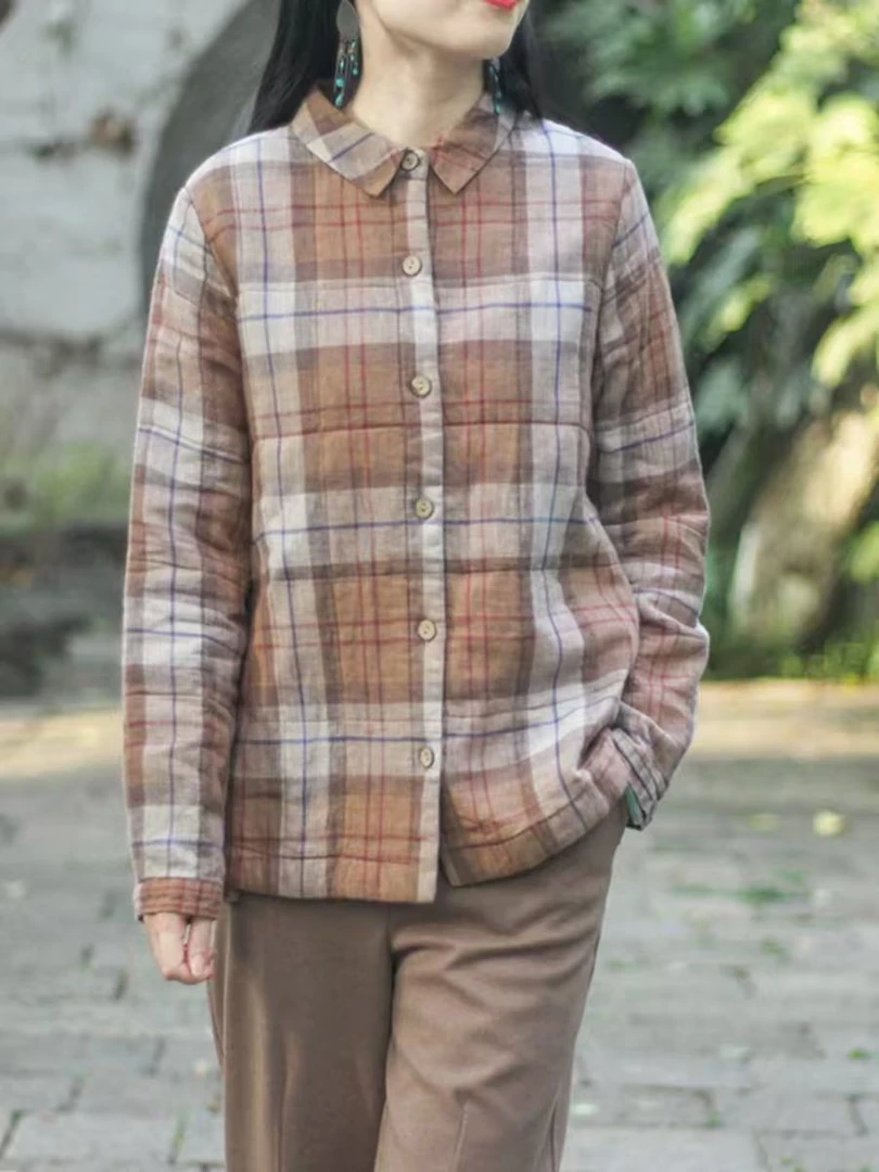 文艺格子宽松衬衫女式2025秋冬加厚夹棉保暖复古长袖翻领排扣衬衣