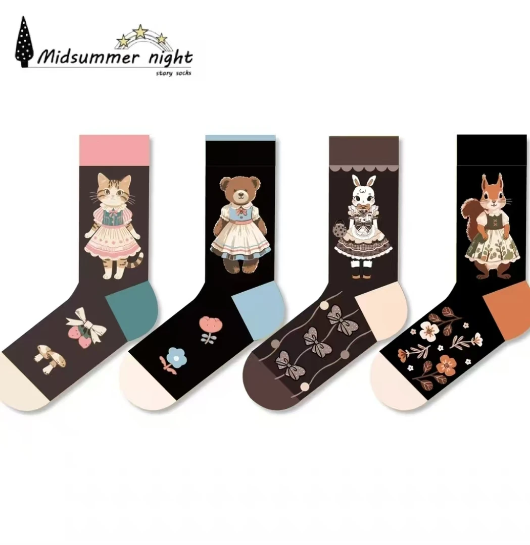 四双Midsummernight薄面韩系百搭棉袜可爱小动物系列