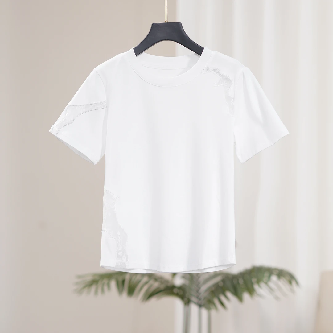 【夏季新款】韩版时尚气质圆领蕾丝镂空显瘦百搭T恤CS5969  衣长55