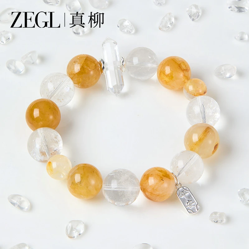 【金枝玉露】天然黄胶花＋白阿塞＋白水晶+S925银配件双尖水晶手串