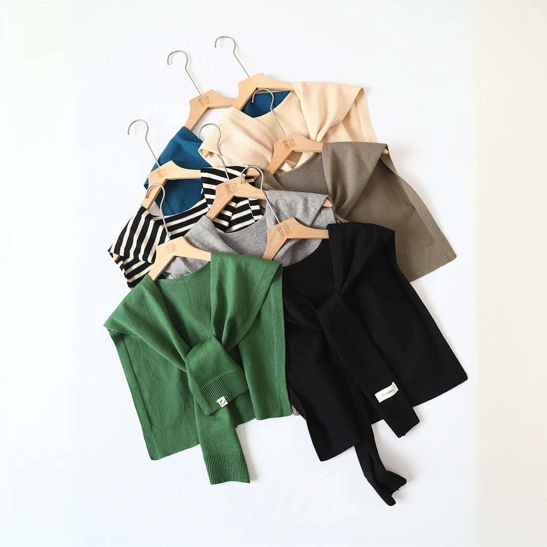 包芯纱针织披肩女春秋外搭坎肩纯色搭肩薄款开衫夏季打结假领围巾