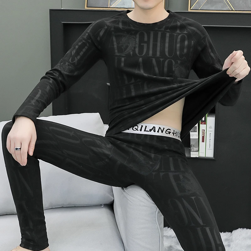 男士保暖套装圆领压花2025秋冬修身百搭保暖内衣德绒无痕秋衣秋裤