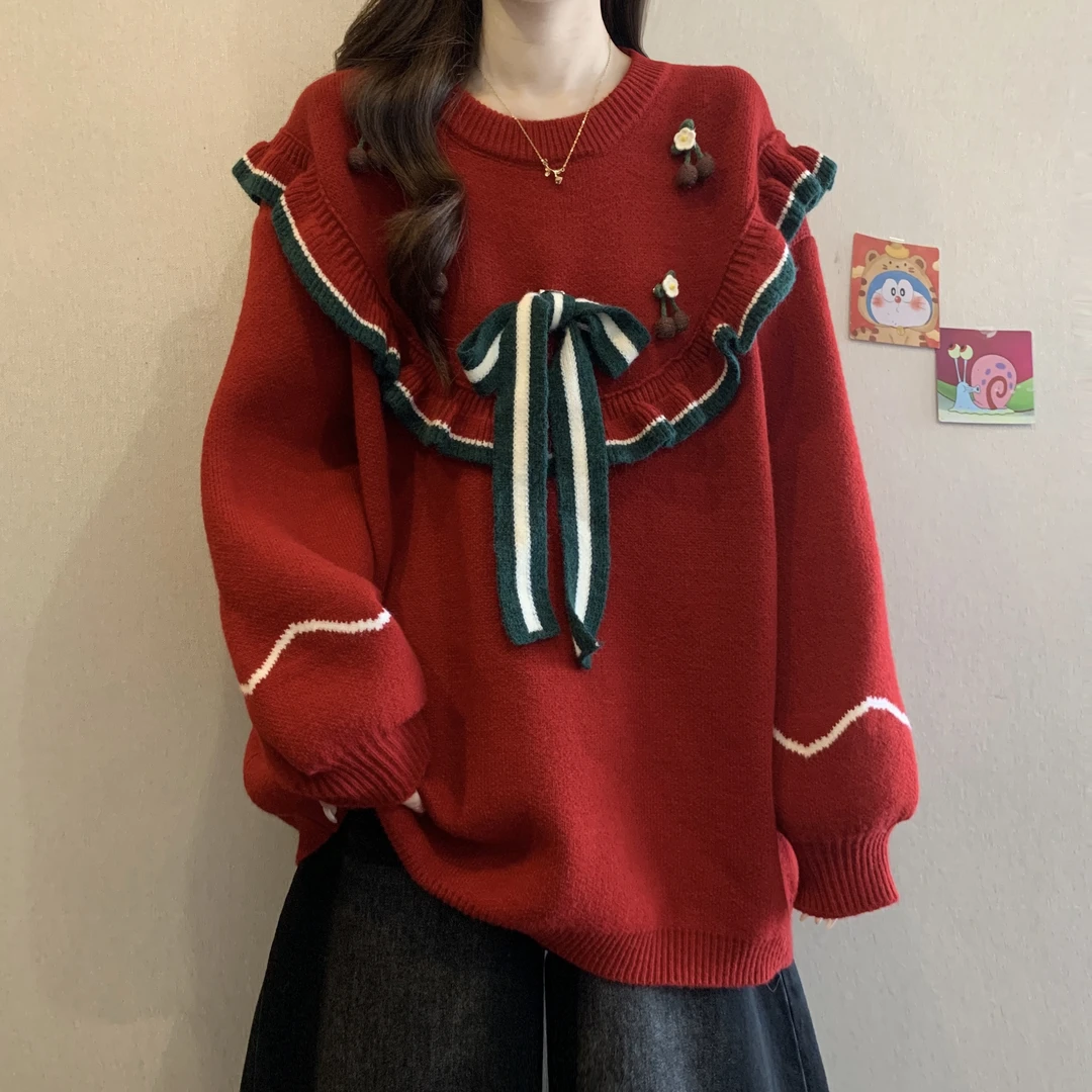 大码女装胖mm圣诞氛围感红色毛衣冬季2025新款加厚宽松慵懒针织衫