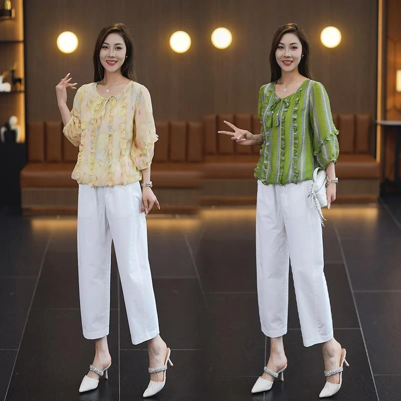 法式圆领碎花系带长袖雪纺衫女2025夏季新款衬衫减龄气质洋气上衣