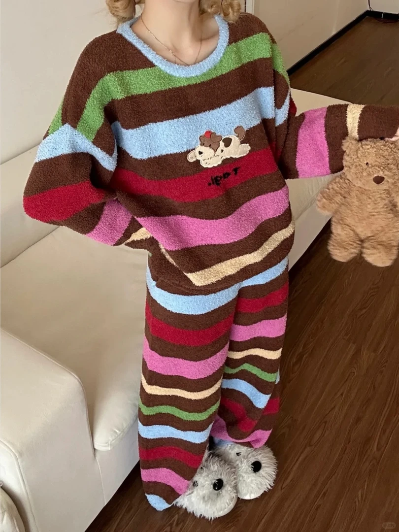 韩系彩虹条纹针织半边绒睡衣女秋冬2025新款加厚套装保暖家居服