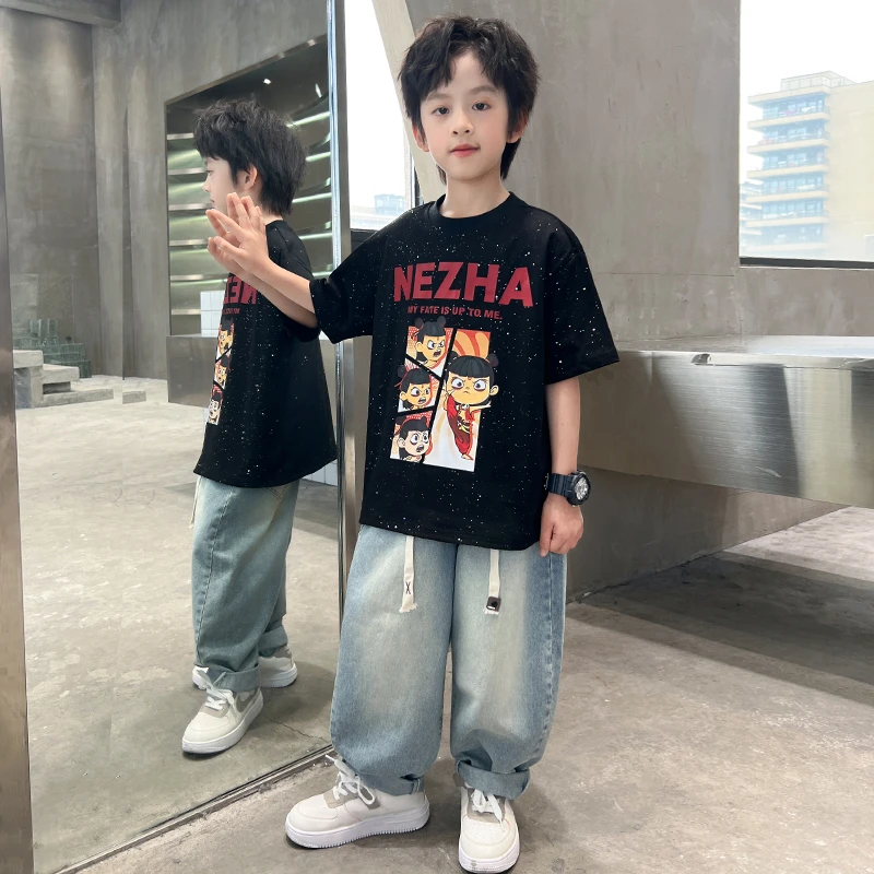 中班仔男童童装夏季套装短袖T恤牛仔长裤休闲两件套中大童*ZH2482