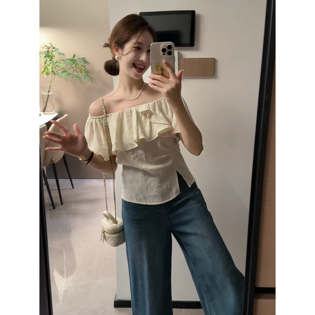 【白杏子】法式浪漫荷叶边夏季甜美气质一字肩上衣