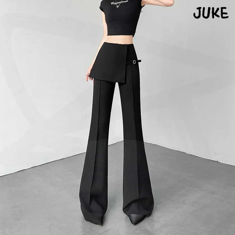 韩系假两件屁帘微喇西装裤女夏季新款一片式高腰显瘦休闲喇叭裤