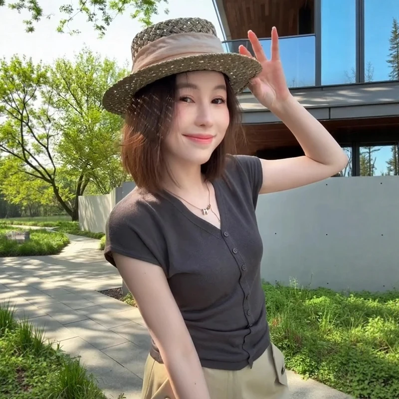 小个子灰色v领针织冰丝短袖正肩t恤女夏季掐腰设计感修身短款上衣