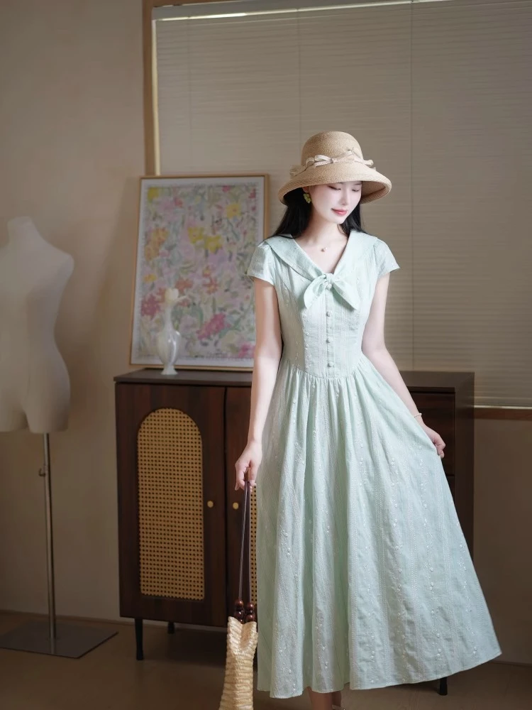 夏季绝美小裙子清冷贵气高级感大方得体独特漂亮掐腰蓝色连衣裙女