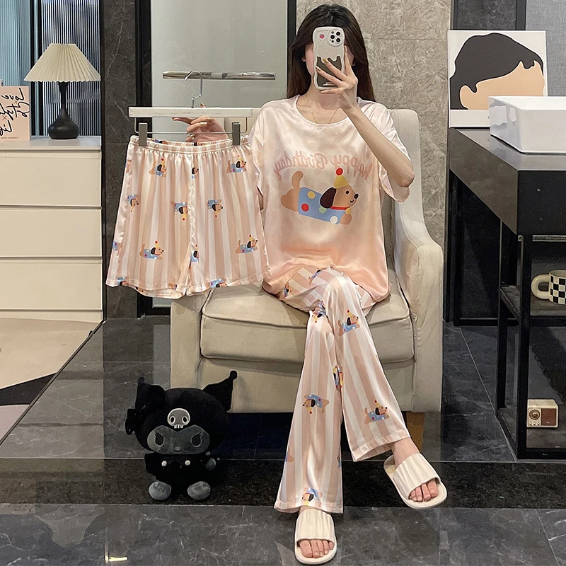 冰丝睡衣女夏季短袖三件套薄款春秋2025新款凉感ins风可爱家居服