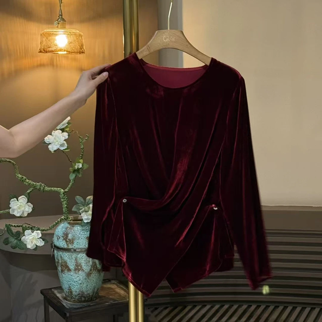 真丝丝绒偏襟侧系显瘦气质长袖衫