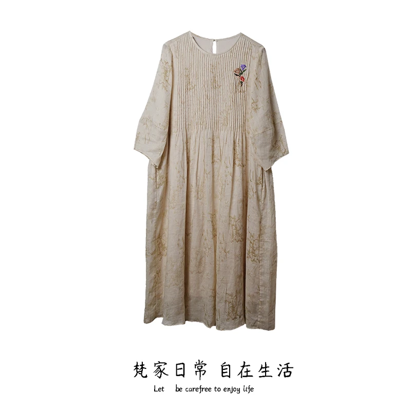 风清 2025年夏季新款七分袖宽松显瘦风琴褶连衣裙度假风打揽袍裙
