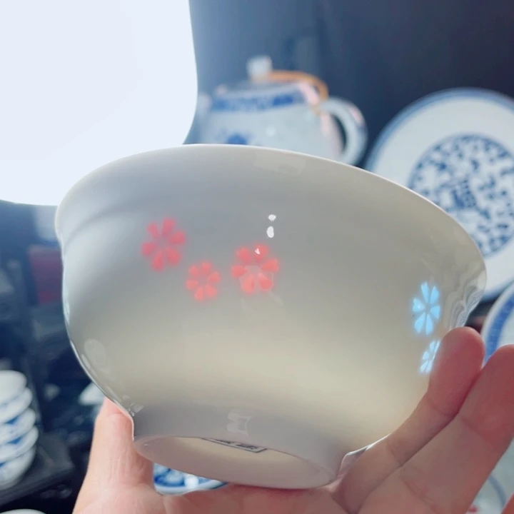 青花玲珑5寸饭碗三星花彩玲珑
