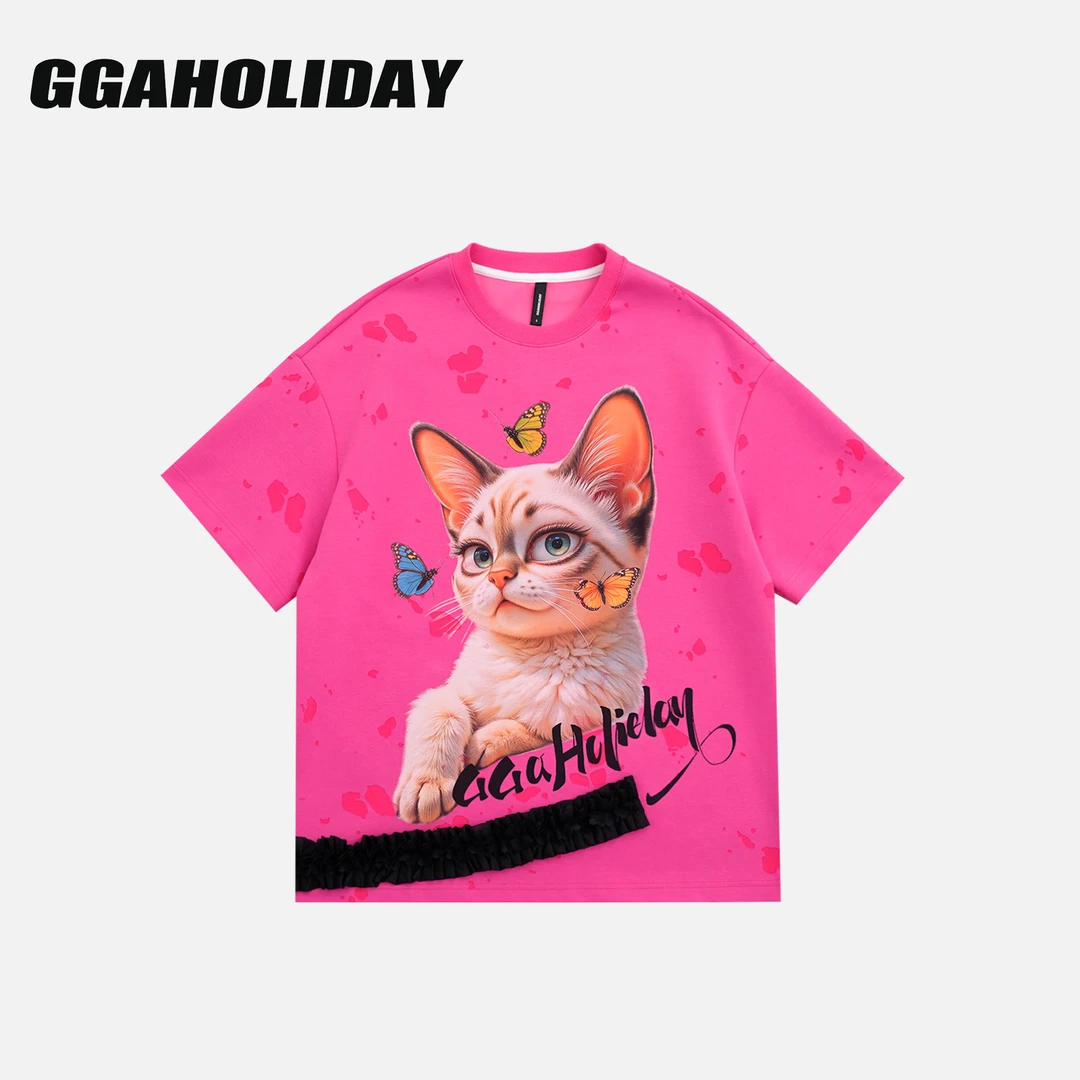 GGAHOLIDAY时尚休闲百搭潮流拼接猫咪宽松街头风短袖T恤-153025