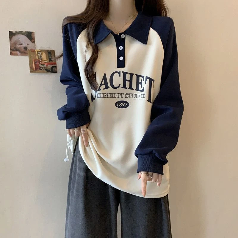 纽扣设计拼接抽绳卫衣女秋冬2025新款女装韩版宽松显瘦撞色上衣女