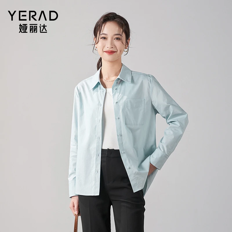 娅丽达长袖衬衫女上衣新款休闲百搭衬衣舒适纯色翻领透气薄款户外