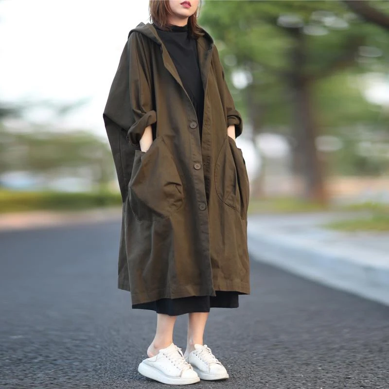 品牌折扣店商场撤柜春秋文艺大口袋风衣外套过膝长款连帽工装大衣
