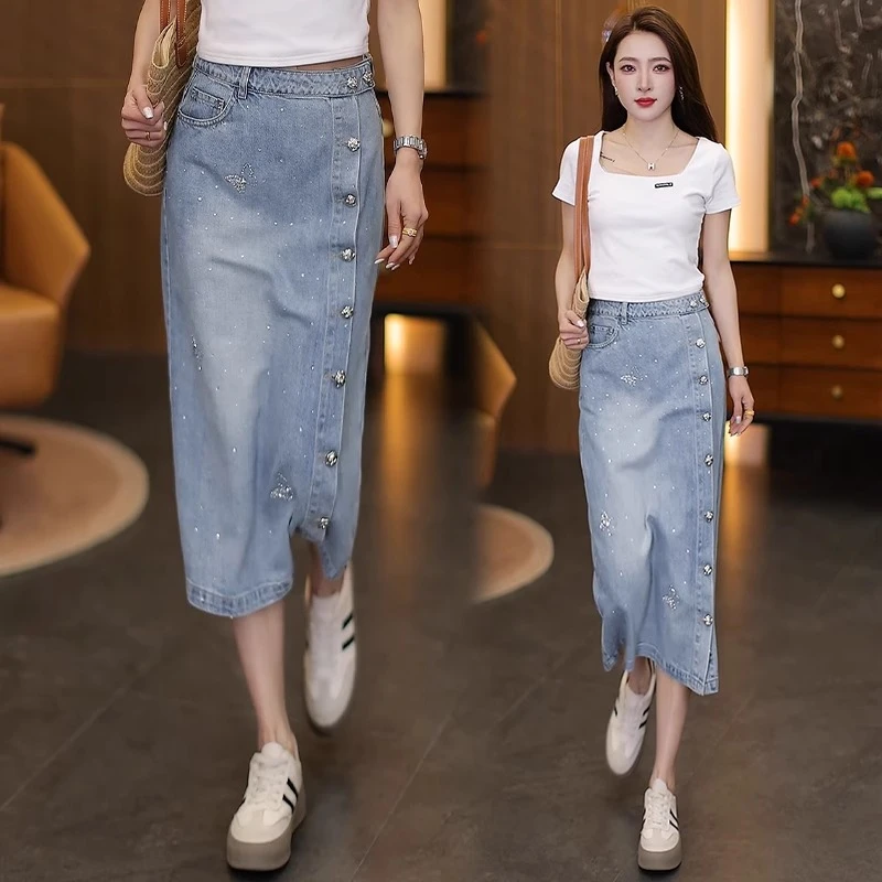 天丝牛仔半身裙女夏季薄款2025新款高腰显瘦中长款烫钻a字包臀裙