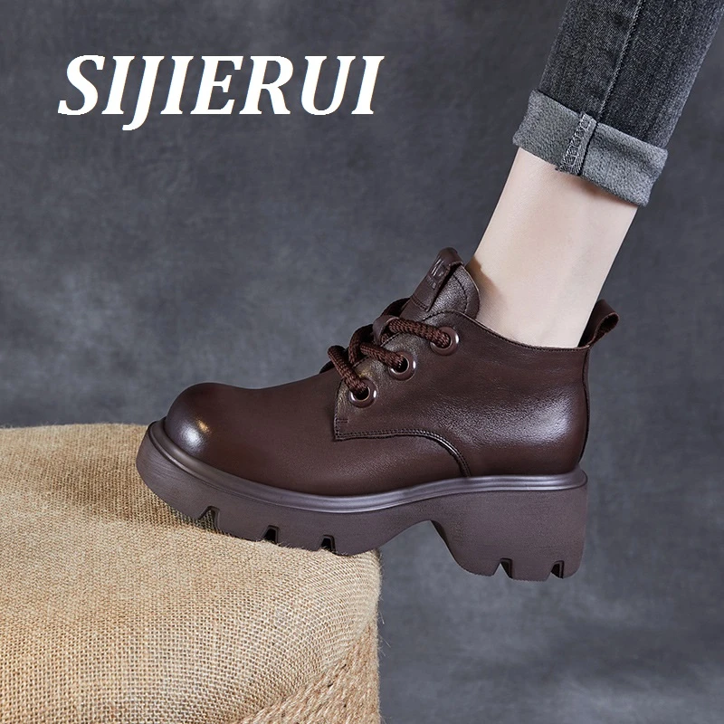 SIJIERUI真皮马丁靴女2025秋冬新款厚底增高时尚系带英伦风短靴女
