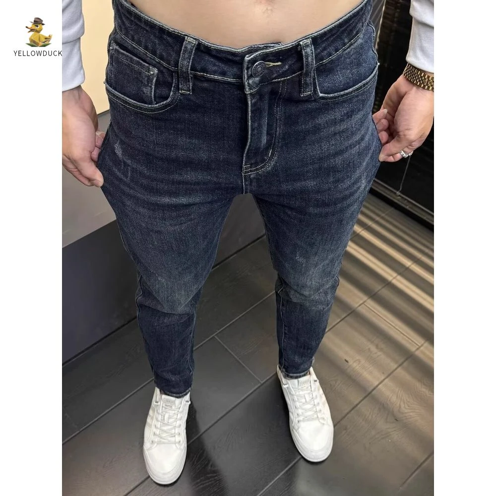 高端深蓝色牛仔裤男修身小脚秋冬季新款韩版潮牌刮烂休闲长裤