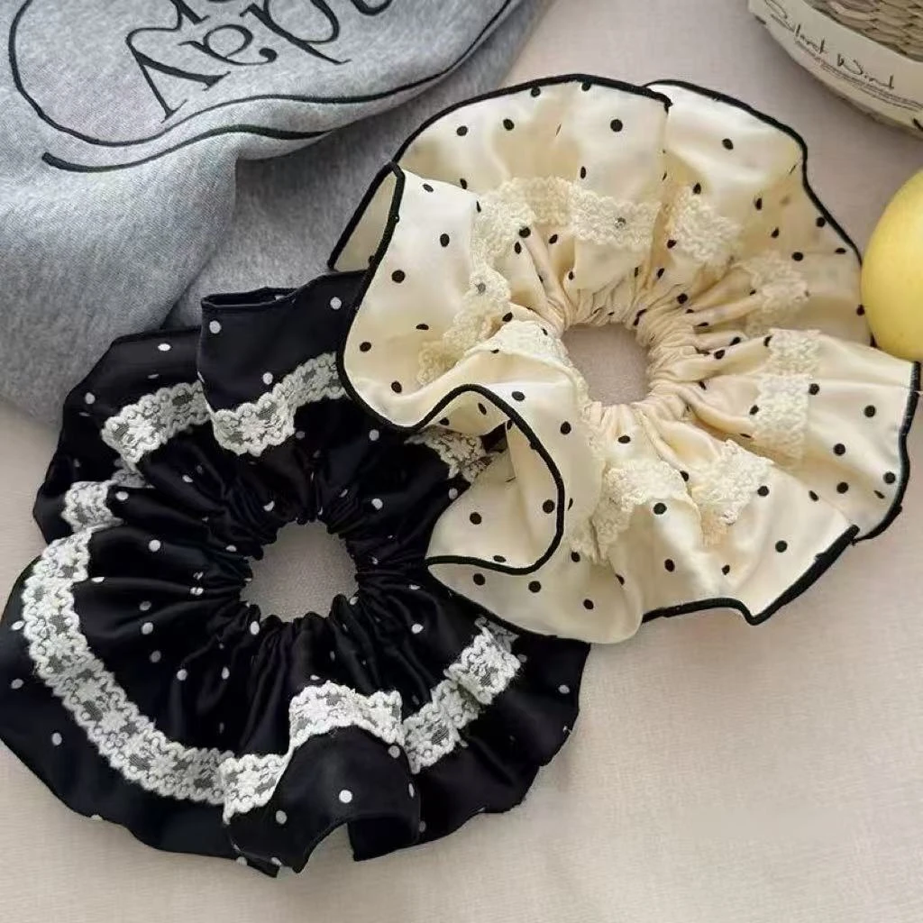 法式波点褶皱刺绣花边大肠发圈女高级感头绳头圈低马尾头绳发饰