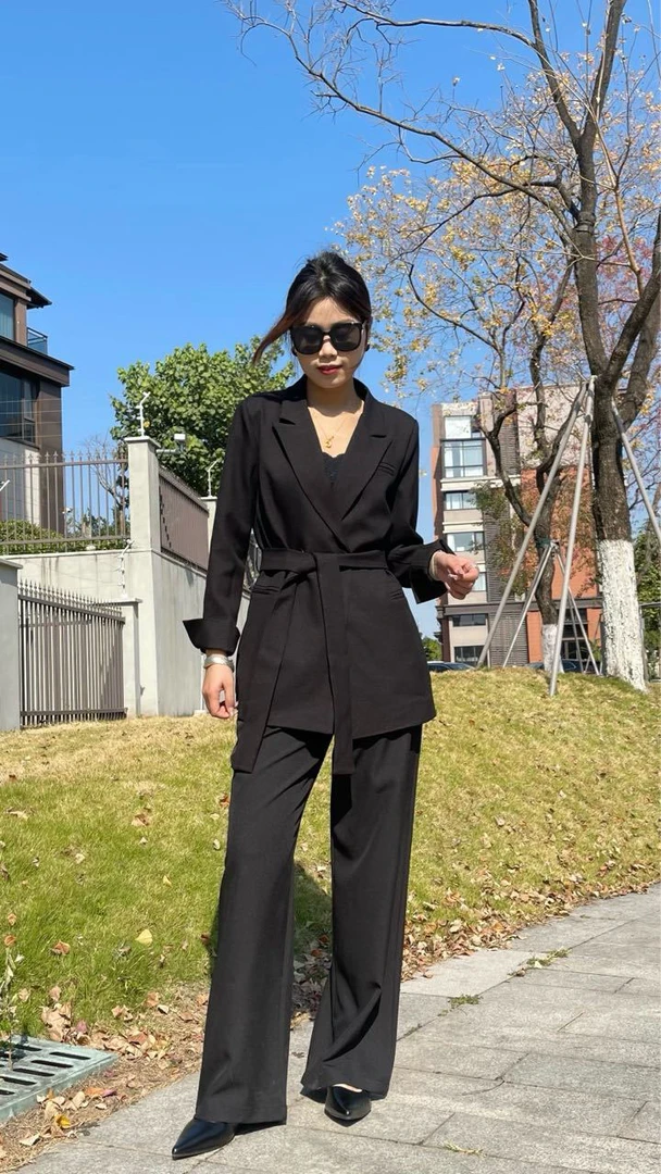 春秋季女款韩版修身西装套装时尚气质长袖休闲裤搭配