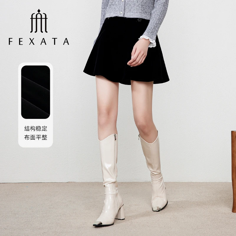 FEXATA斐格思2025春季新款甜美俏皮学院风荷叶边黑色丝绒半身裙