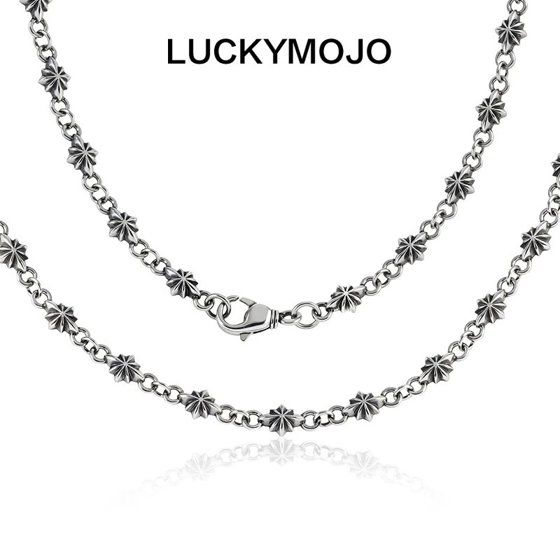 LUCKYMOJO 链子925银 欧美朋克做旧八芒星银项链男生