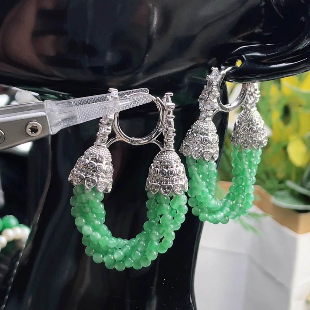 石英质玉（非洲翠）银S925镶嵌耳坠重工满绿小米珠流苏豪华镶嵌定制