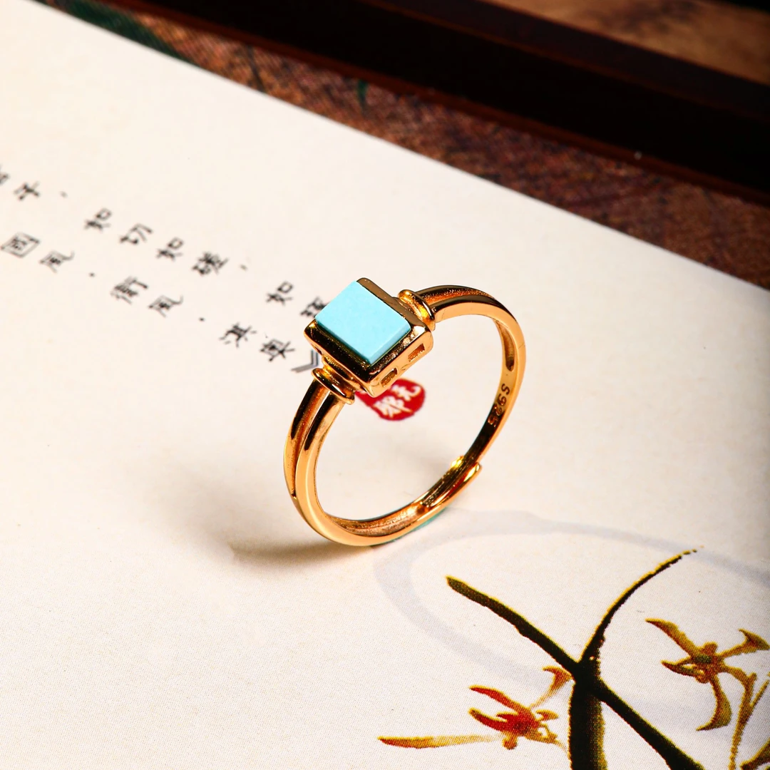 绿松925银镶嵌原矿美松开口戒指