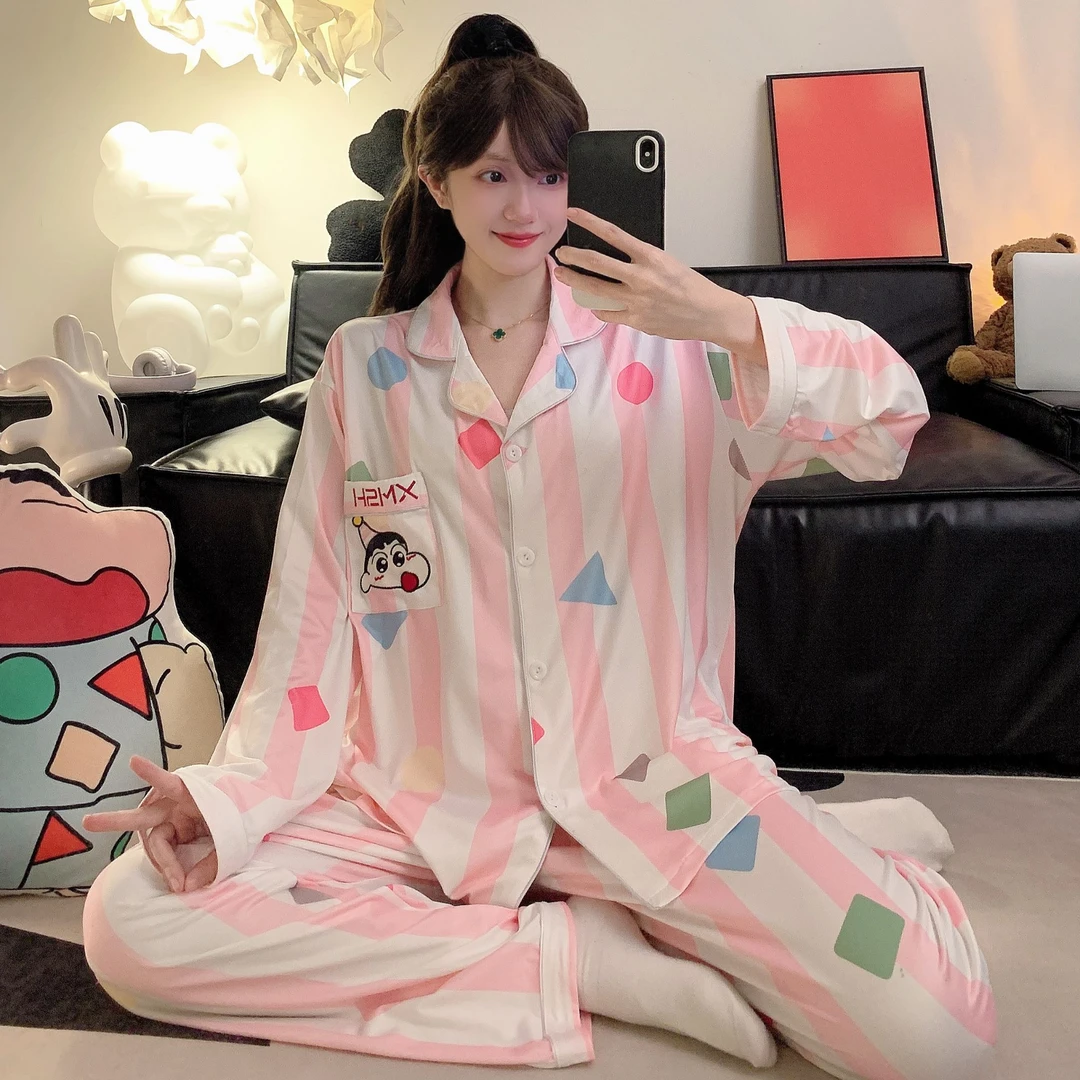蜡笔小新睡衣女士春秋季长袖长裤甜美可爱夏天棉质薄款家居服套装