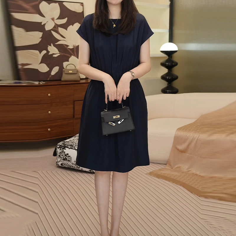 时尚优雅轻奢潮流洋气短袖圆领连衣裙2025夏季休闲宽松显瘦裙子