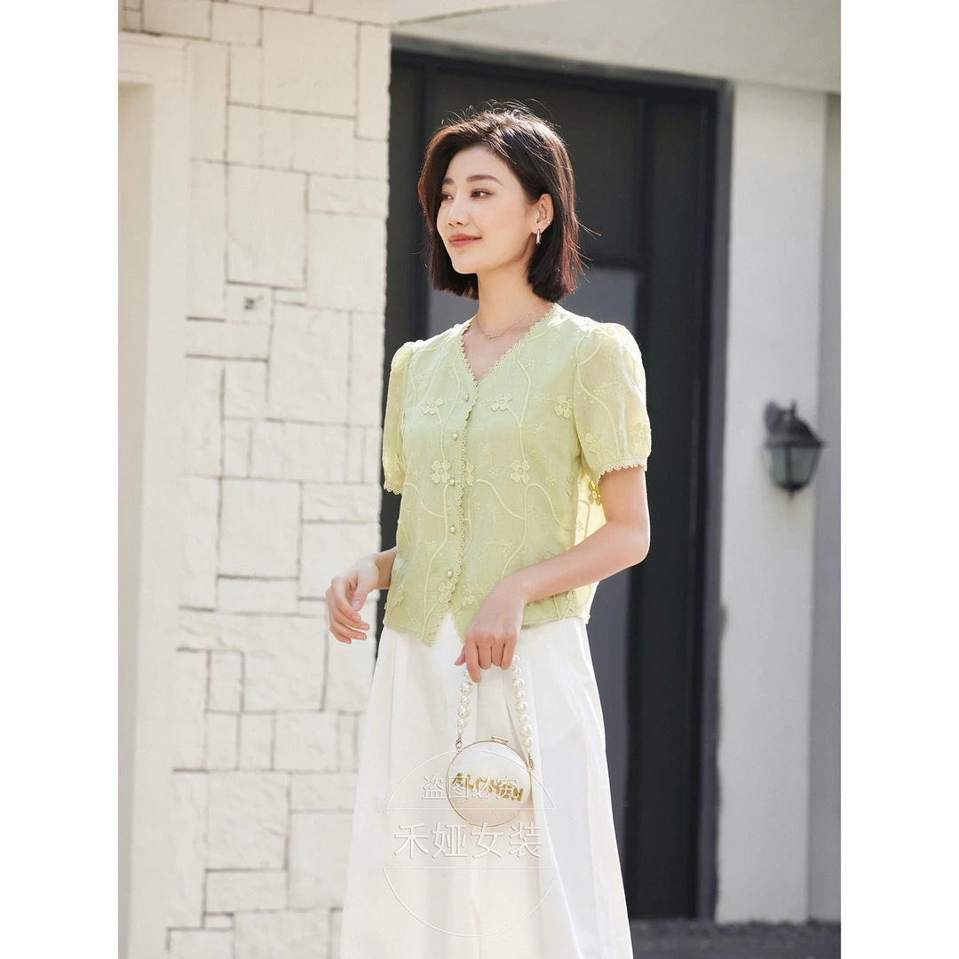 希茜9102  夏季气质穿搭时尚百搭蕾丝提花女衬衫