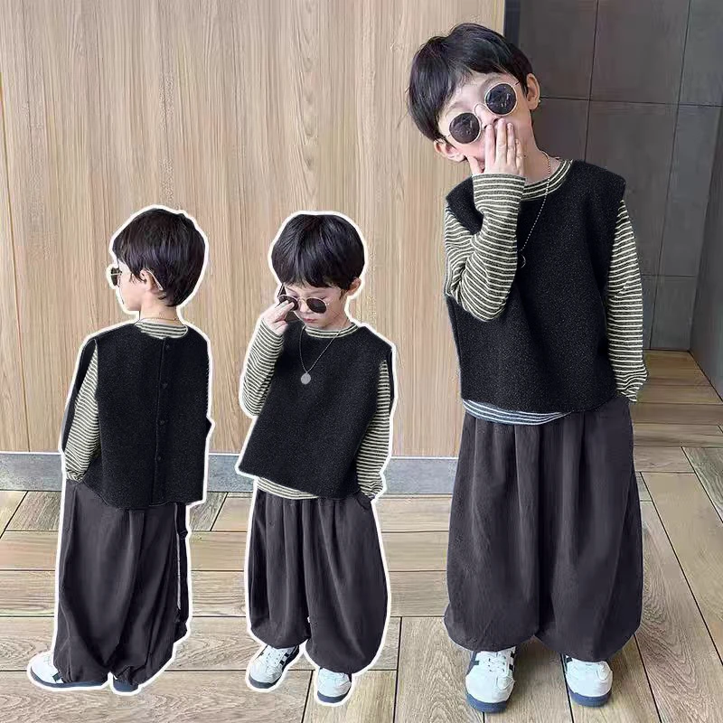 儿童2025新款男女童条纹打底衫纯色马甲灯笼裤洋气时尚三件套潮流
