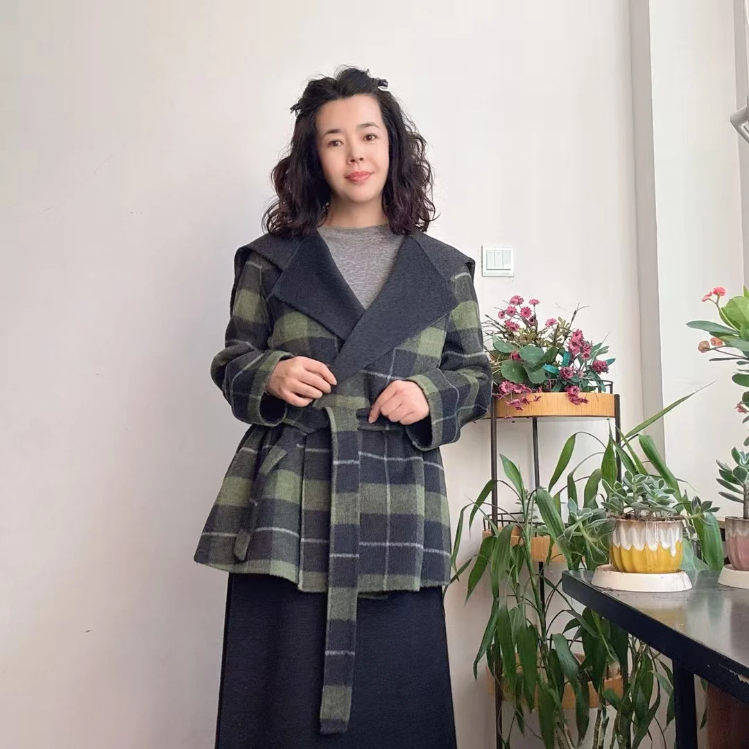 早秋新款宽松格子羊毛大衣西装长袖慵懒风毛呢外套28106